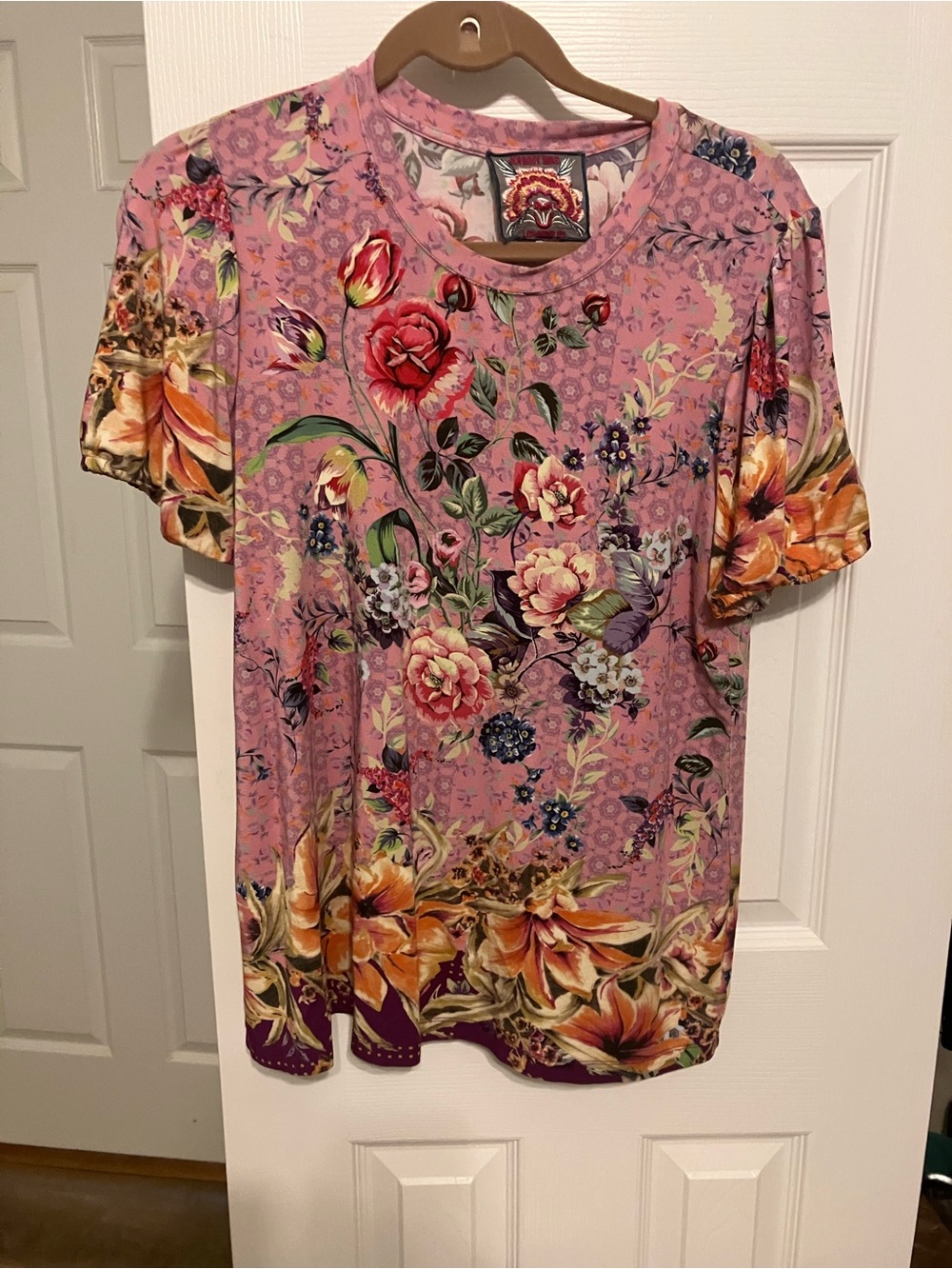 Johnny Was Pink Floral Short Sleeve Tee with Multicolor Blooms